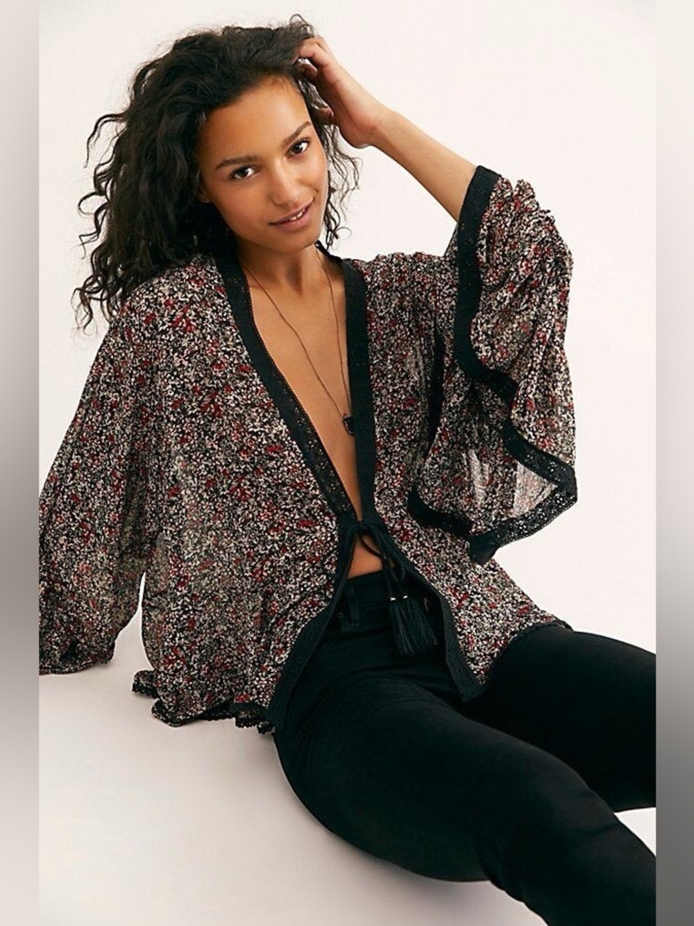 Free People Lola Kimono Black Combo Boho Floral Lightweight Women Size XS